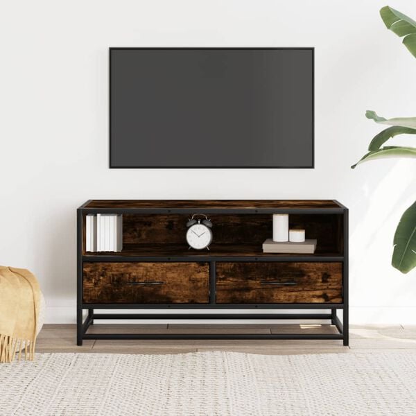 vidaXL Meuble TV ch&ecirc;ne fum&eacute; 80x34,5x40 cm bois d'ing&eacute;nierie et m&eacute;tal