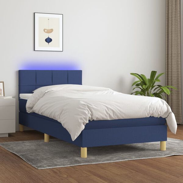 vidaXL Sommier &agrave; lattes de lit avec matelas et LED Bleu 90x190cm Tissu