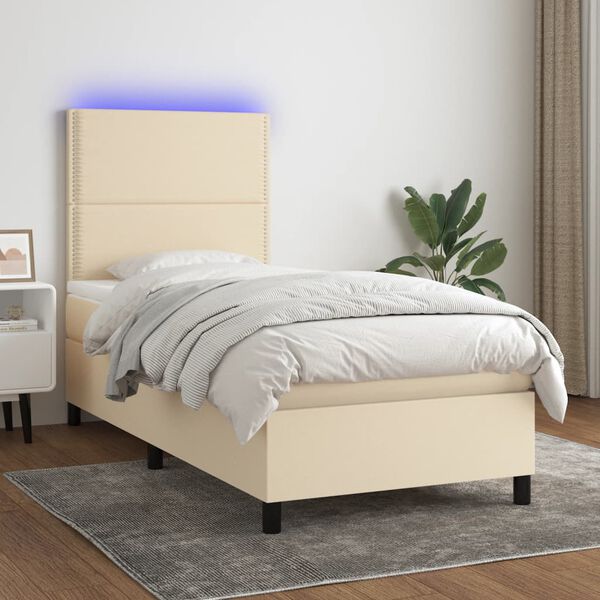 vidaXL Sommier &agrave; lattes de lit et matelas et LED Cr&egrave;me 90x190 cm Tissu