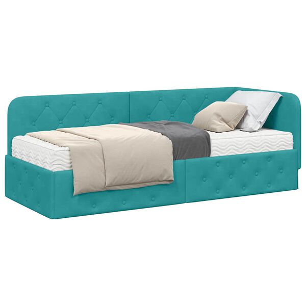 vidaXL Cadre de lit d'angle avec matelas Turquoise 80 x 200 cm Velours