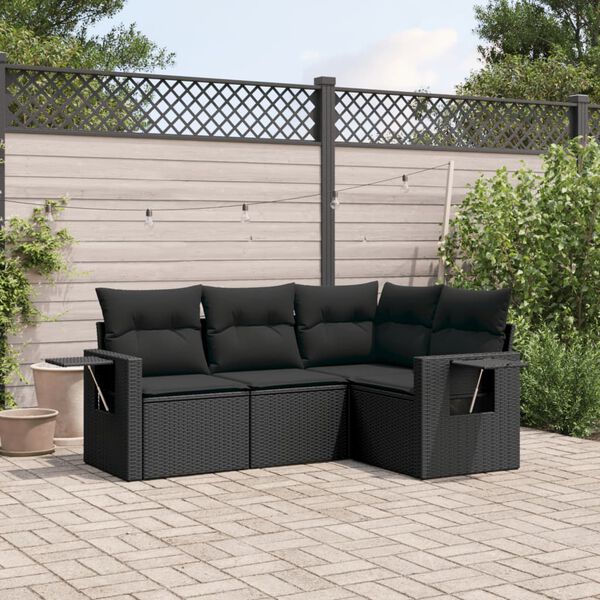 vidaXL Salon de jardin 4 pcs avec coussins noir r&eacute;sine tress&eacute;e