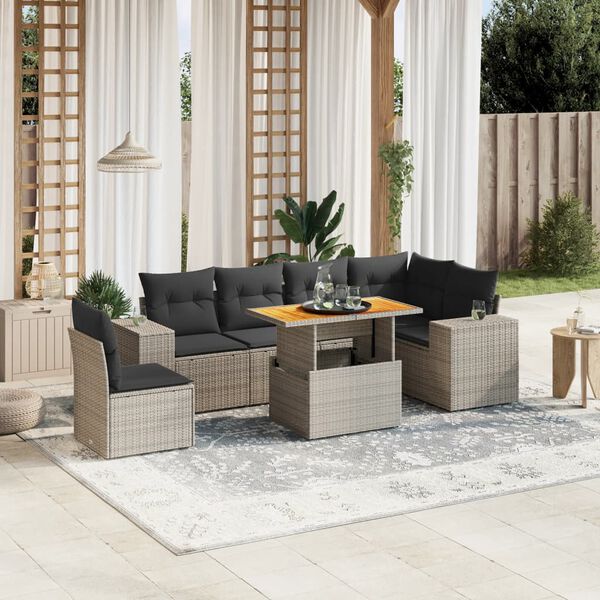 vidaXL Salon de jardin avec coussins 7 pcs gris r&eacute;sine tress&eacute;e