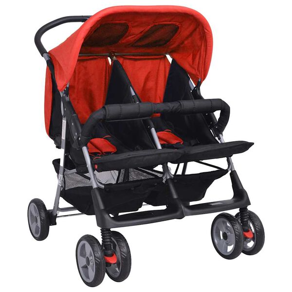 vidaXL Poussette &agrave; deux places Acier Rouge et noir