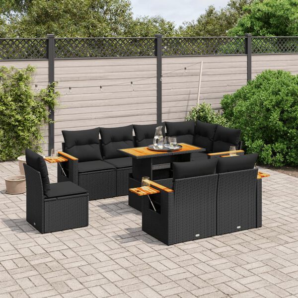 vidaXL Salon de jardin 9 pcs avec coussins noir r&eacute;sine tress&eacute;e