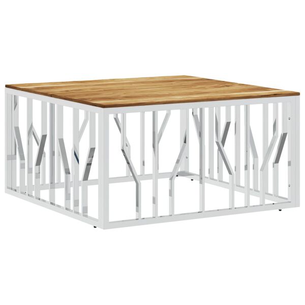 vidaXL Table basse argent&eacute; acier inoxydable et bois massif d'acacia