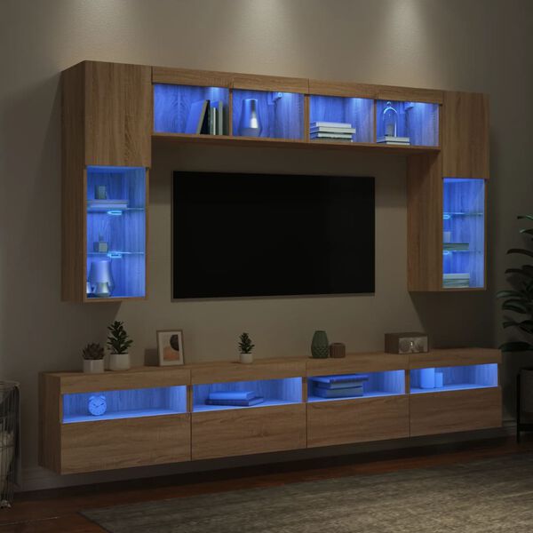 vidaXL Ensemble de meubles TV muraux 8pcs et lumi&egrave;res LED ch&ecirc;ne sonoma