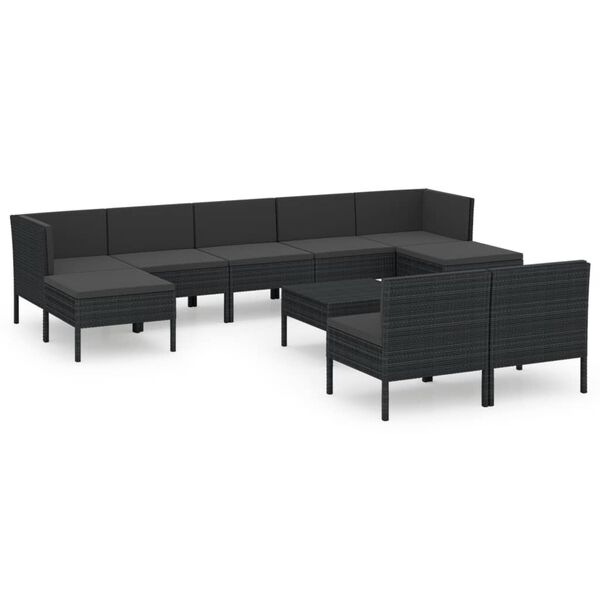vidaXL Salon de jardin 10 pcs avec coussins R&eacute;sine tress&eacute;e Noir