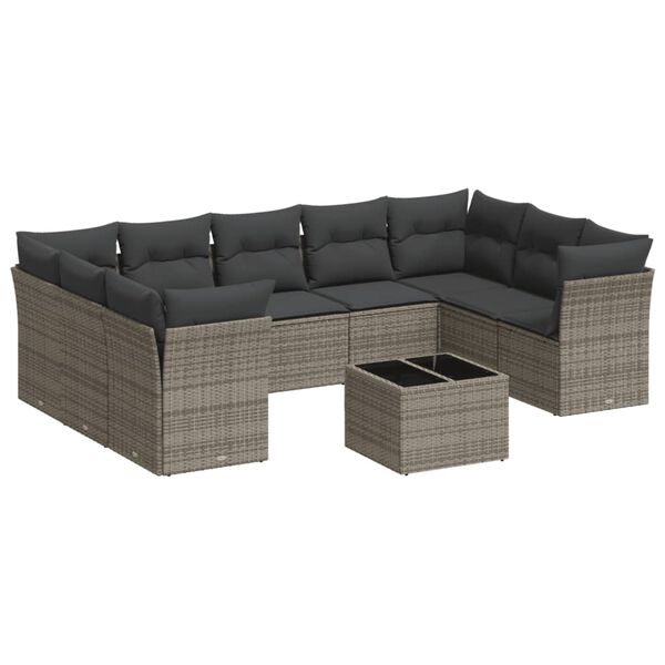 vidaXL Salon de jardin avec coussins 10 pcs gris r&eacute;sine tress&eacute;e