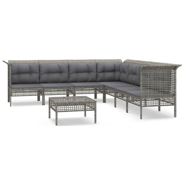 vidaXL Salon de jardin 8 pcs avec coussins Gris R&eacute;sine tress&eacute;e