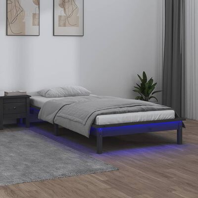 vidaXL Cadre de lit à LED gris 75x190 cm petit simple bois massif