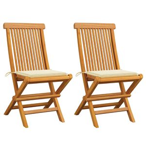 vidaXL Chaises pliantes avec coussins cr&egrave;me, 2 pi&egrave;ces, en teck massif