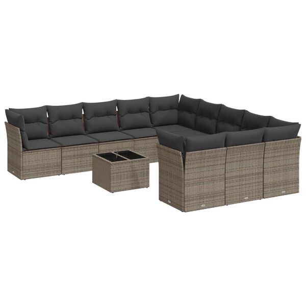 vidaXL Salon de jardin avec coussins 12 pcs gris r&eacute;sine tress&eacute;e
