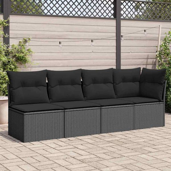vidaXL Canapé de jardin avec coussins 4 places en polyrotin noir