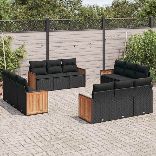 vidaXL Salon de jardin 12 pcs avec coussins noir r&eacute;sine tress&eacute;e