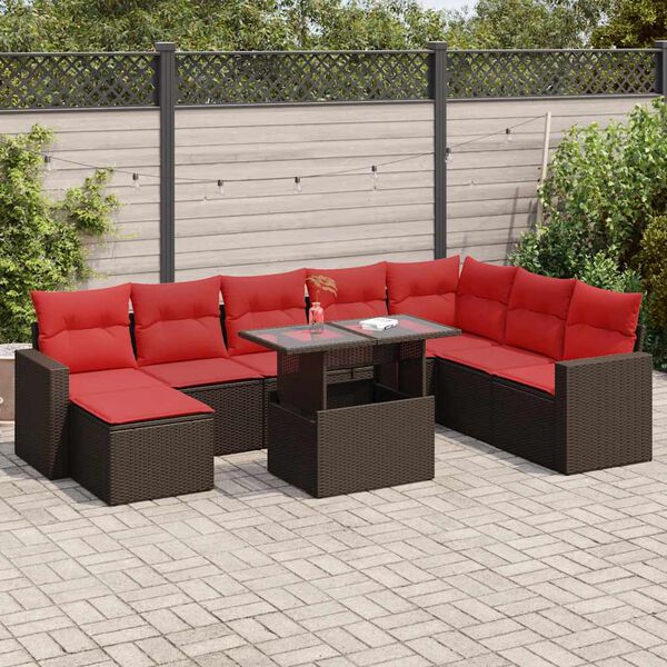 vidaXL Salon de jardin avec coussins 9pcs marron r&eacute;sine tress&eacute;e acacia
