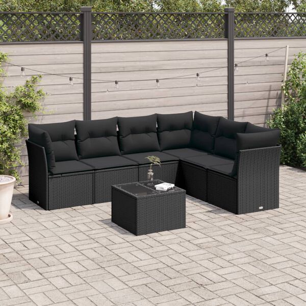 vidaXL Salon de jardin 7 pcs avec coussins noir r&eacute;sine tress&eacute;e