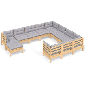 vidaXL Salon de jardin 11 pcs avec coussins gris bois de pin