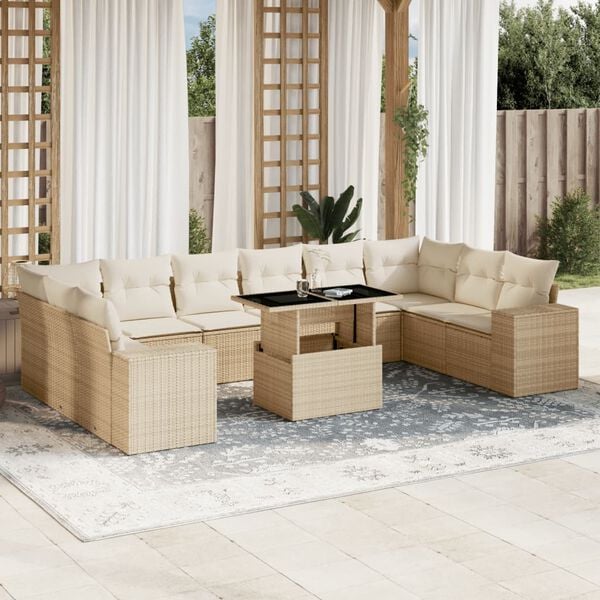 vidaXL Salon de jardin 11 pcs avec coussins beige r&eacute;sine tress&eacute;e