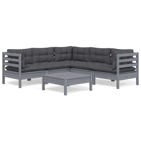vidaXL Salon de jardin 6 pcs avec coussins Gris Bois de pin massif