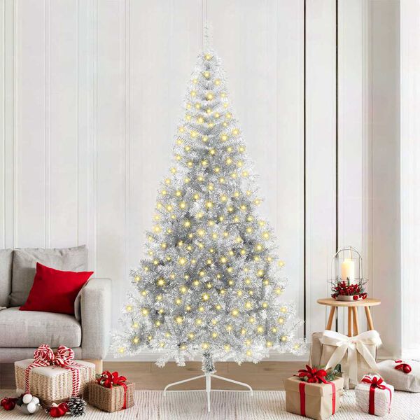 vidaXL Sapin de No&euml;l artificiel pr&eacute;-&eacute;clair&eacute; Argent 210 cm PET