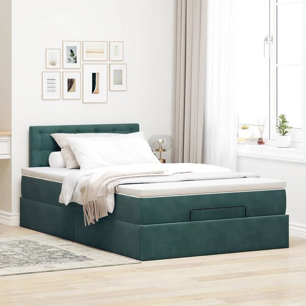 vidaXL Lit ottoman avec matelas et LED vert fonc&eacute; 90x200cm velours