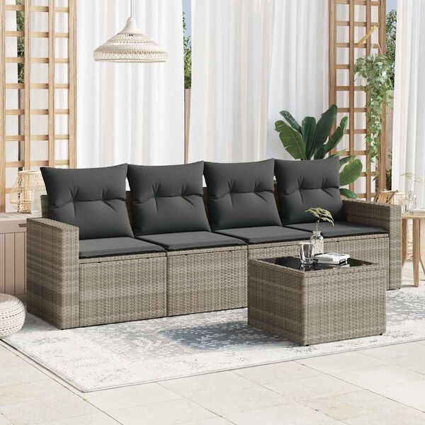 vidaXL Salon de jardin 5 pcs avec coussins gris clair r&eacute;sine tress&eacute;e