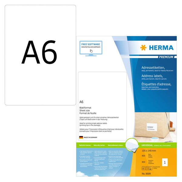 HERMA &Eacute;tiquettes d'adresse permanentes A6 105x148mm 800 feuilles Blanc