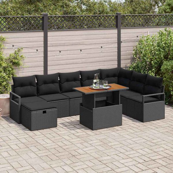 vidaXL Ensemble de canap&eacute; de jardin avec coussin 9 pcs Noir polyrotin
