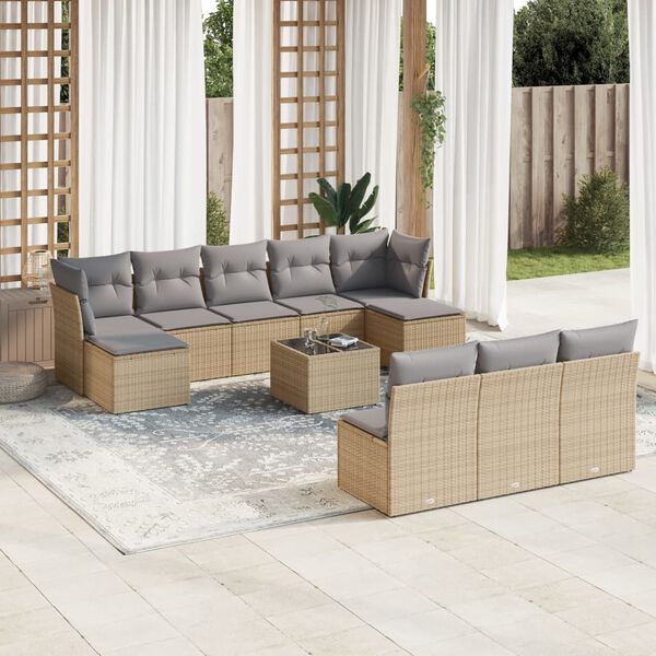 vidaXL Salon de jardin 11 pcs avec coussins beige r&eacute;sine tress&eacute;e