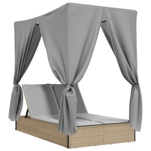 vidaXL Chaise longue double avec toit et rideaux beige r&eacute;sine tress&eacute;e