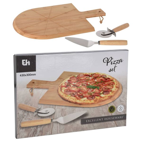 Excellent Houseware Ensemble de coupe &agrave; pizza 3 pcs 43x30 cm bambou
