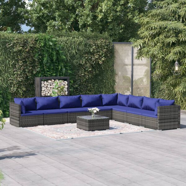 vidaXL Salon de jardin 9 pcs avec coussins R&eacute;sine tress&eacute;e Gris