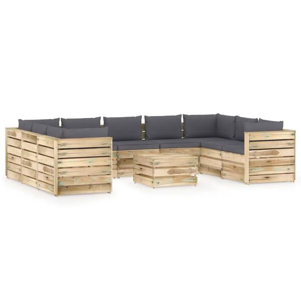 vidaXL Salon de jardin 10 pcs avec coussins Bois impr&eacute;gn&eacute; de vert