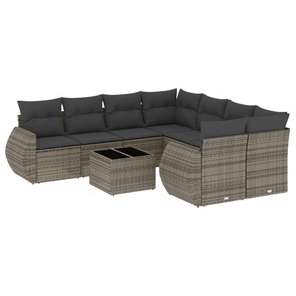 vidaXL Salon de jardin 9 pcs avec coussins gris r&eacute;sine tress&eacute;e