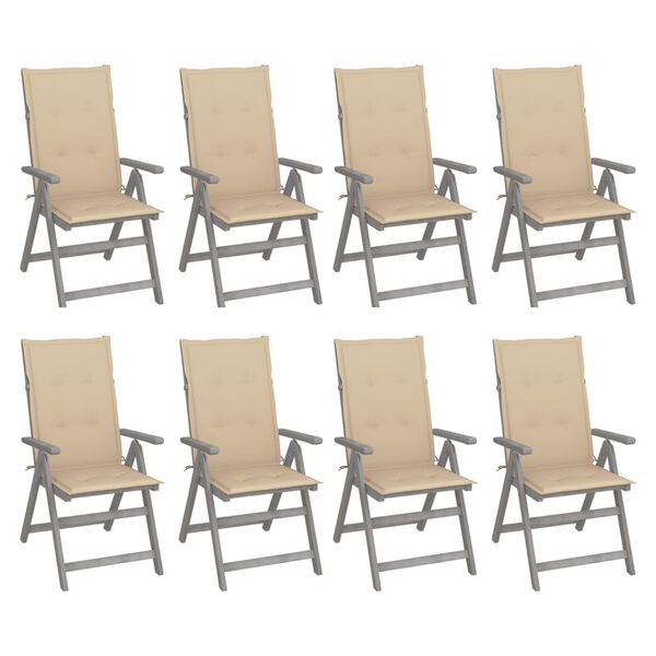vidaXL Chaises inclinables de jardin et coussins lot de 8 Gris Acacia