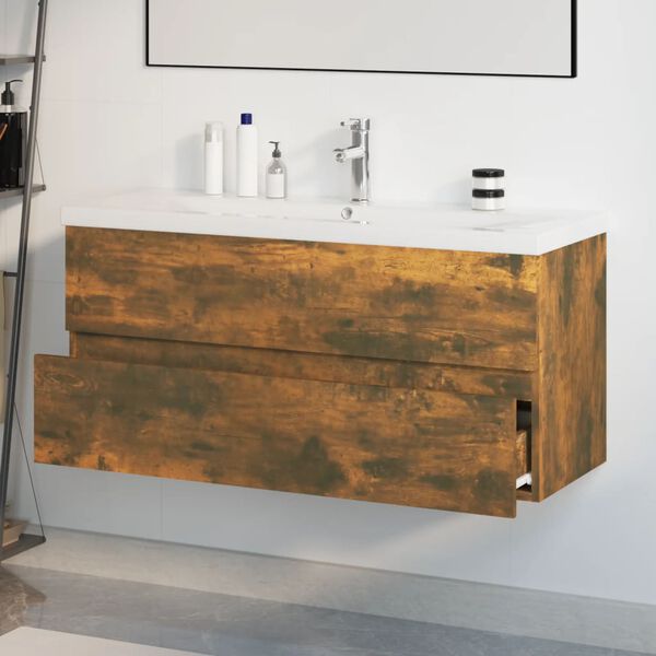 vidaXL Meuble lavabo avec bassin int&eacute;gr&eacute; Ch&ecirc;ne fum&eacute; Bois d'ing&eacute;nierie