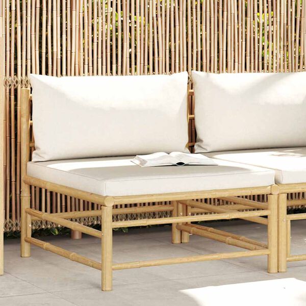 vidaXL Canapé central de jardin avec coussins blanc crème Bambou