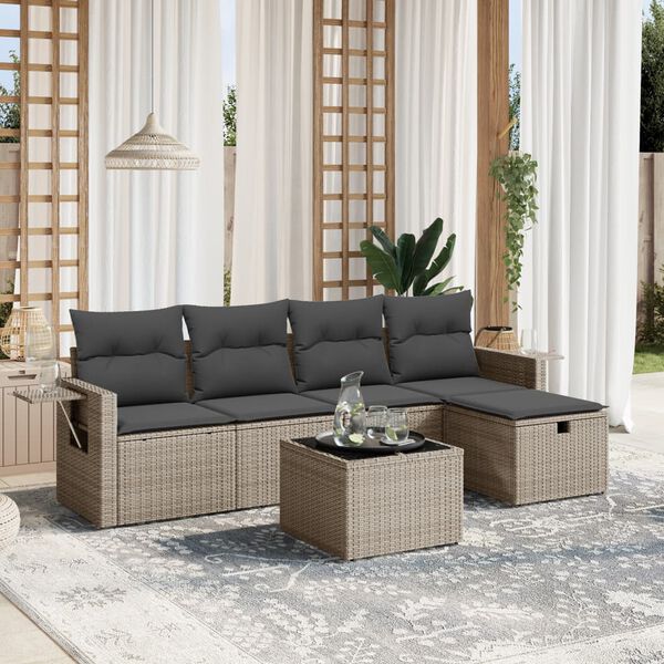 vidaXL Salon de jardin 6 pcs avec coussins gris r&eacute;sine tress&eacute;e