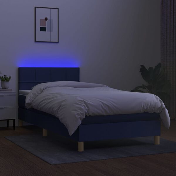 vidaXL Sommier &agrave; lattes de lit avec matelas et LED Bleu 90x190cm Tissu