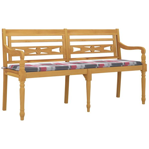 vidaXL Banc Batavia coussin &agrave; motif de carreaux rouges 150cm Bois teck