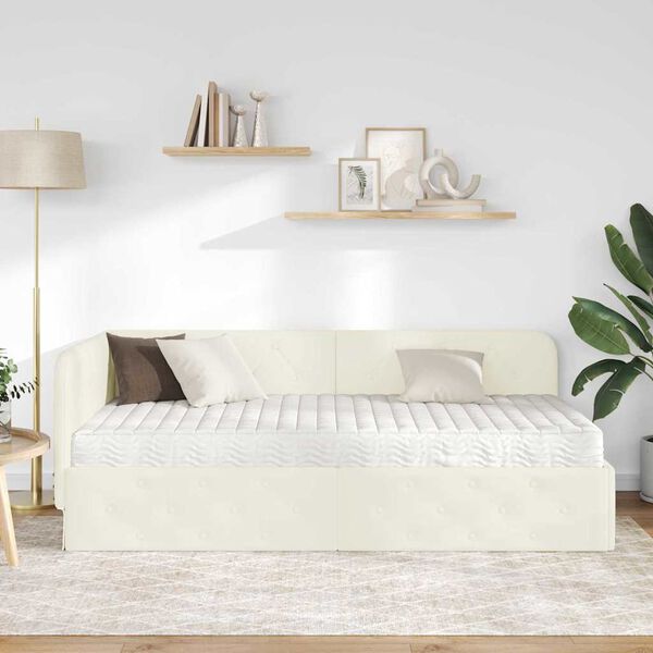 vidaXL Cadre de lit d'angle avec matelas Cr&egrave;me 90 x 200 cm Velours