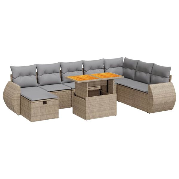 vidaXL Salon de jardin avec coussins 9 pcs beige r&eacute;sine tress&eacute;e acacia