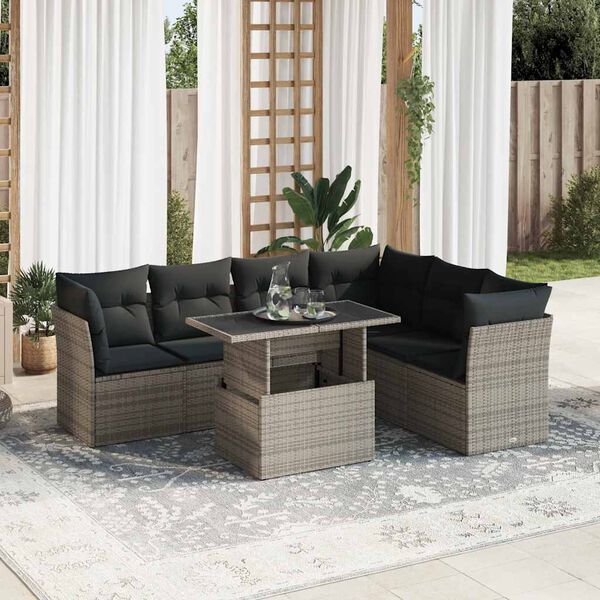 vidaXL Salon de jardin avec coussins 7 pcs gris r&eacute;sine tress&eacute;e