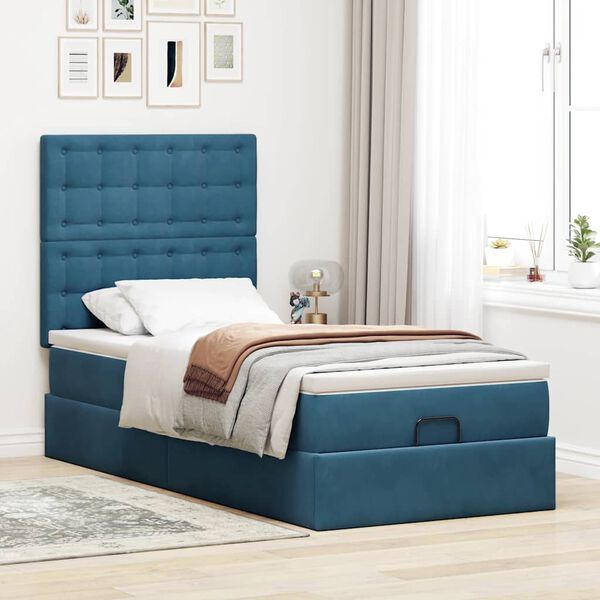 vidaXL Cadre de lit ottoman avec matelas bleu fonc&eacute; 90x200 cm velours