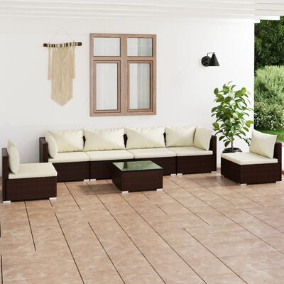 vidaXL Salon de jardin 7 pcs avec coussins Résine tressée Marron