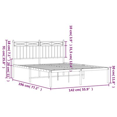 vidaXL Cadre de lit métal sans matelas et tête de lit blanc 135x190 cm