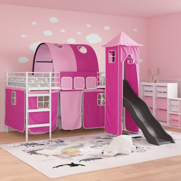 vidaXL Lit mezzanine pour enfants Blanc et rose 90 x 200 cm M&eacute;tал