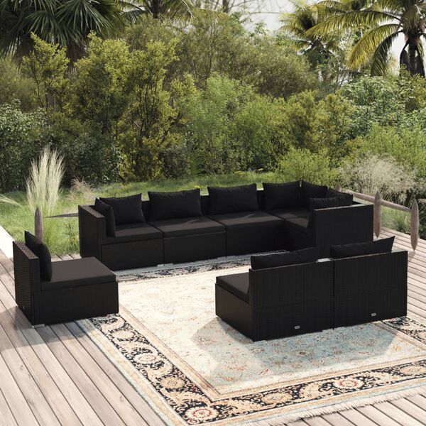 vidaXL Salon de jardin 8 pcs avec coussins r&eacute;sine tress&eacute;e noir