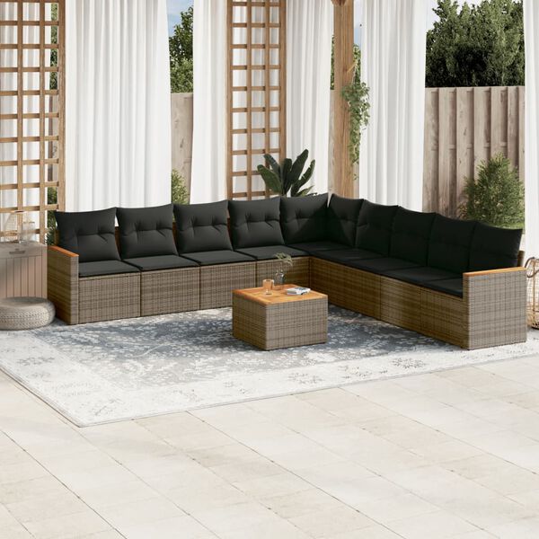 vidaXL Salon de jardin avec coussins 10 pcs gris r&eacute;sine tress&eacute;e