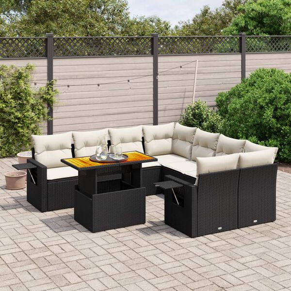 vidaXL Salon de jardin 9 pcs avec coussins noir résine tressée
